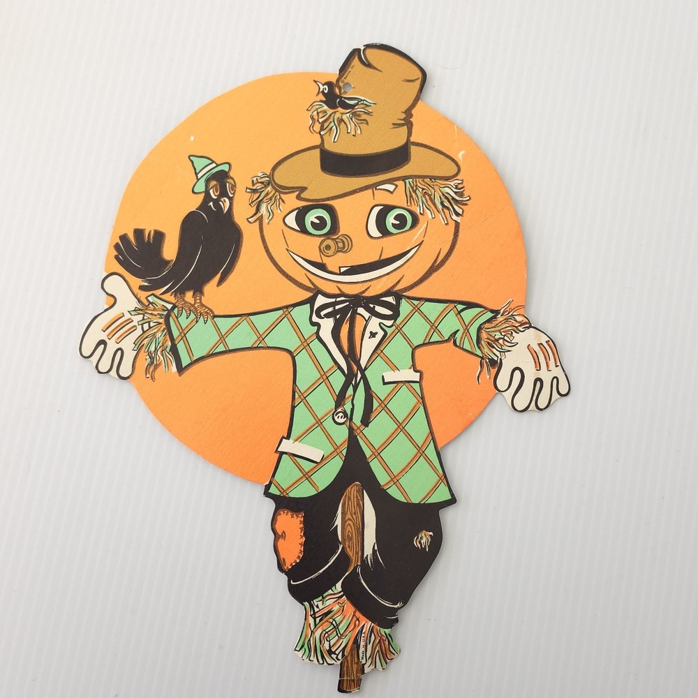Halloween Beistle Vintage Decoration Pumpkin Scarecrow and Crow
